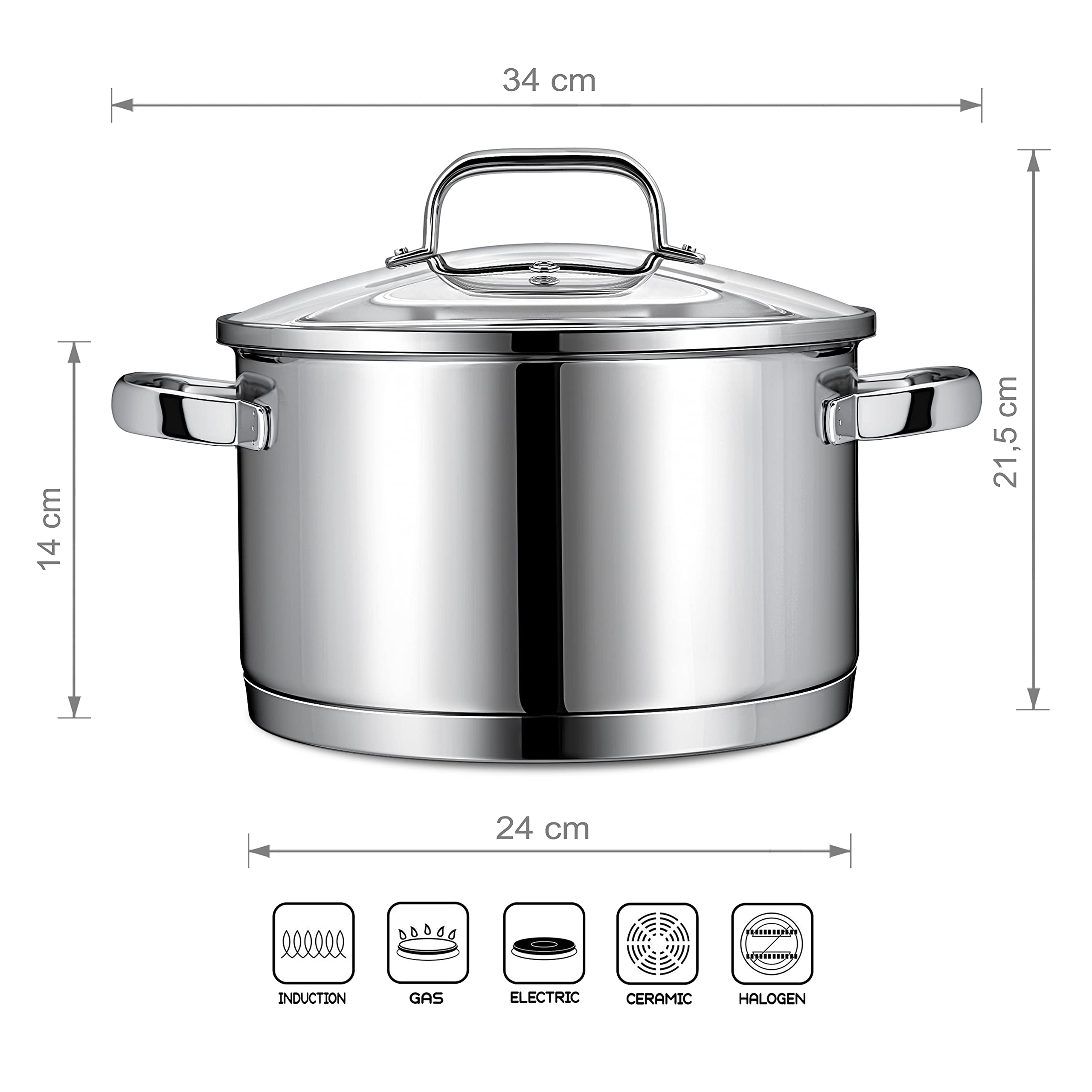 Linnuo Topf Induktion 24cm mit Glasdeckel, Kochtopf groß 6l, aus 18/10 Edelstahl, Griff nicht heiß, geschmiedeter Boden für alle Herde, Topf groß als Suppentopf Nudeltopf Spaghettitopf | Cooking Pot