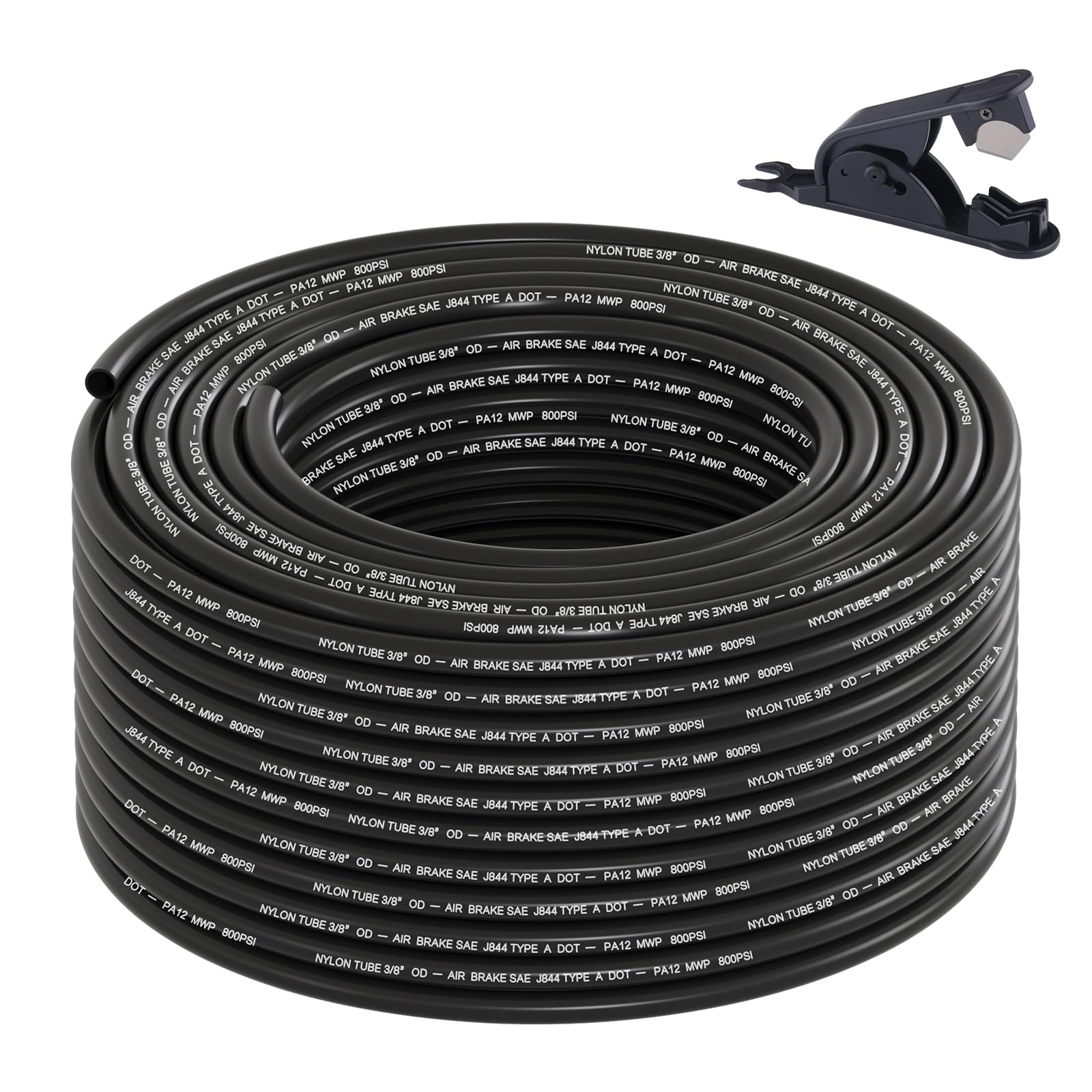 Boeray 100FT 3/8 DOT Air Line SAE J844 PA12 Nylon Air Hose with Cutter 3/8” OD Pneumatic Tubing DOT Approved 3/8 Air Brake Hose for Air Suspension Kit