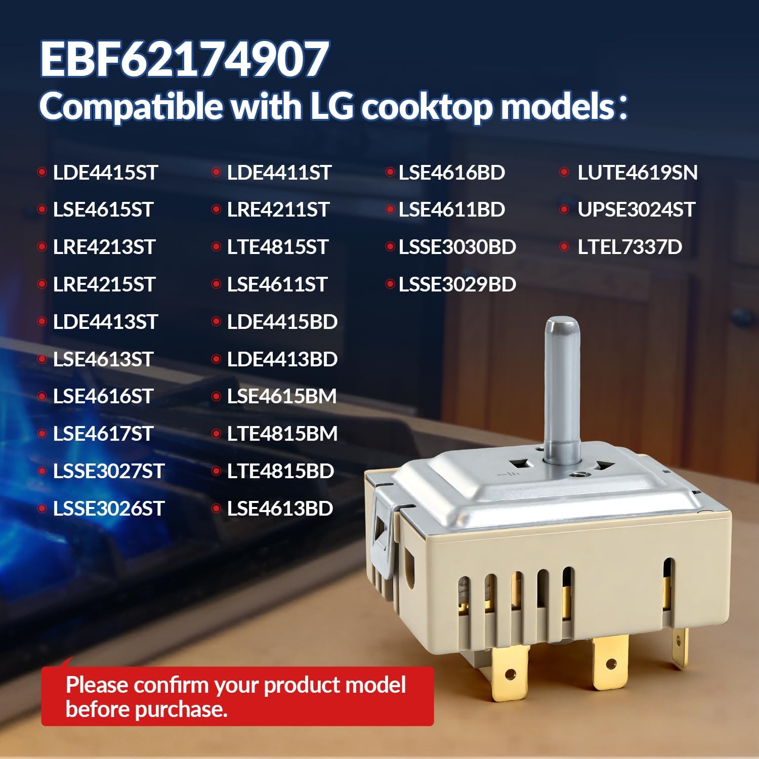 EBF62174907 EBF62174902 Range Surface Element Control Switch,Burner Switch for LG Electric Range & Cooktop, Replaceable with PER001-12LG D EBF62174904 PER001-12D PER001-12S D PS17631122 AP7225541