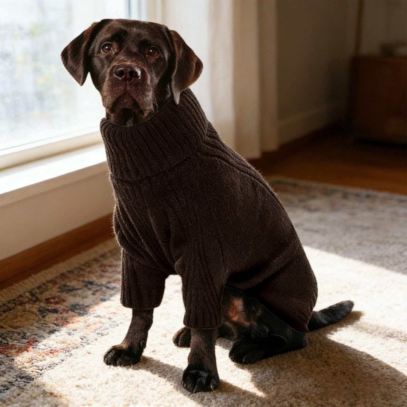 Pull pour chien en tricot thermique - Grand pull à col roulé - Pour chiens extra grands - Élastique - Vêtement pour chien par temps froid (noir, L)