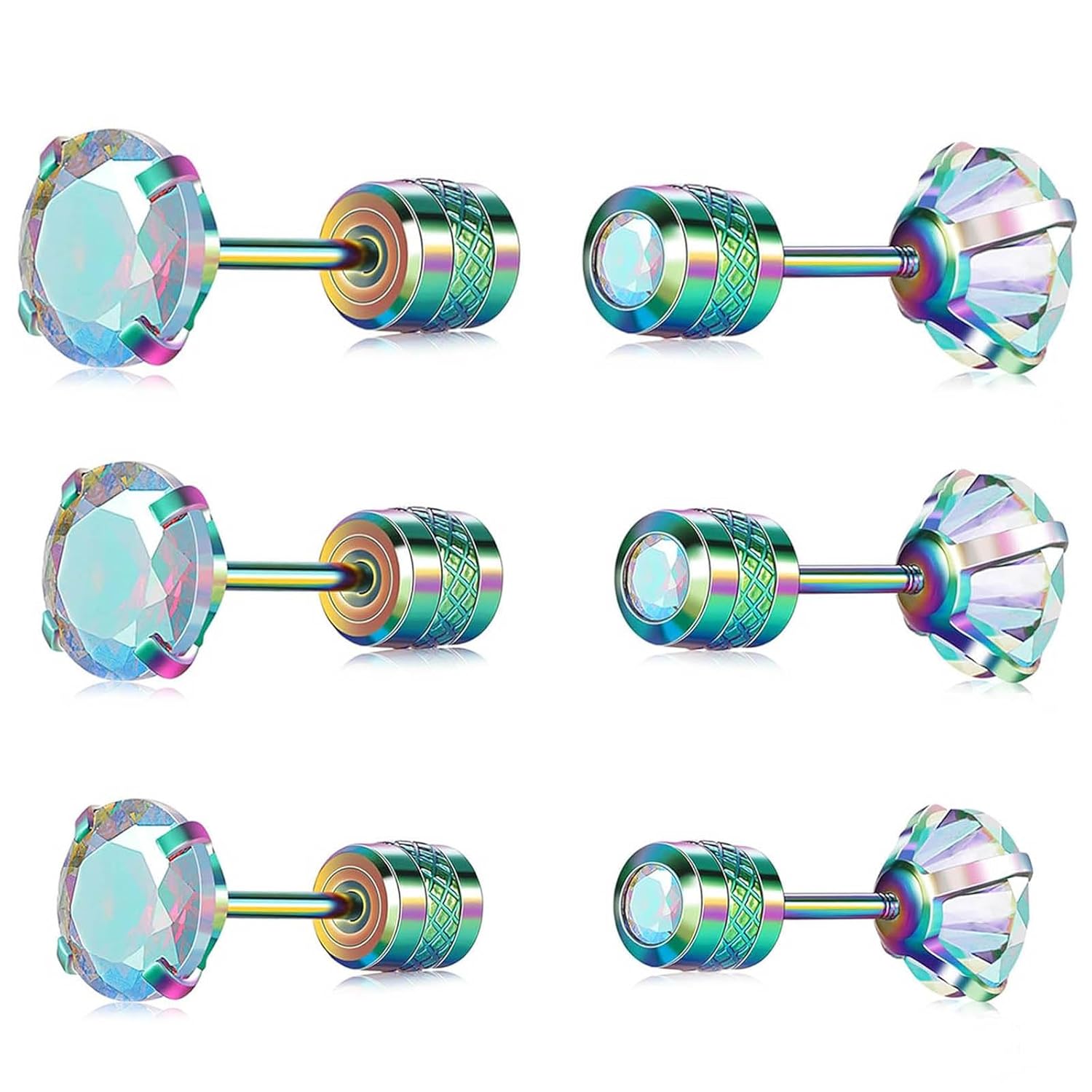 3 Pairs Titanium Screw Back Stud Surgical Stainless Steel Stud Earrings for Women Men,Hypoallergenic Cubic Zirconia Studs Double Side Earrings Piercing Sleeper Studs 3-5mm(3 Rainbow AB)