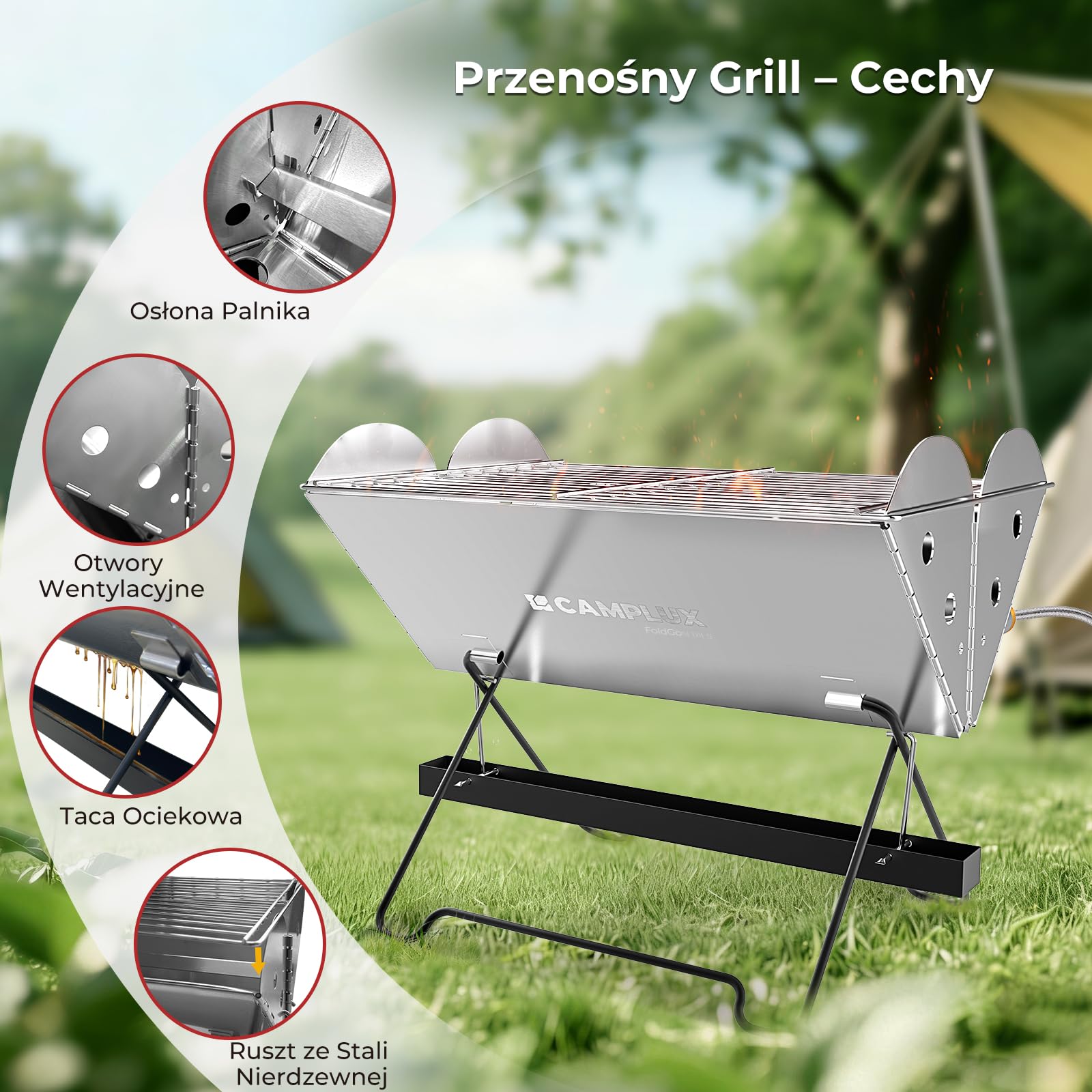 CAMPLUX Przenośny Grill, Kuchenka Turystyczna 2-w-1 na Gaz i Węgiel Drzewny z Rusztem 340 x 250 mm i Torbą do Przechowywania do Ogrodu, Pikniku, Grillowania na świeżym Powietrzu, FoldGo FG14GS