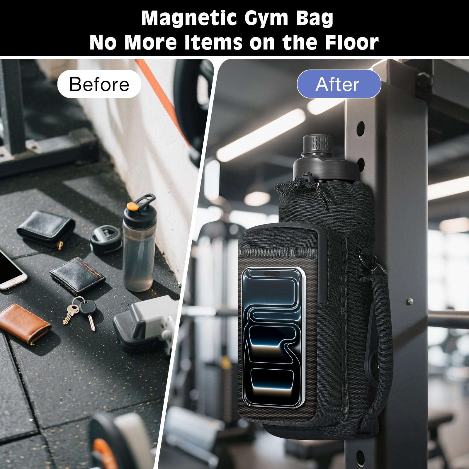 MoKo Borsa da Palestra Magnetica, Porta Borraccia Magnetica con Custodia Trasparente Telefono, Borsa Fitness incorporata