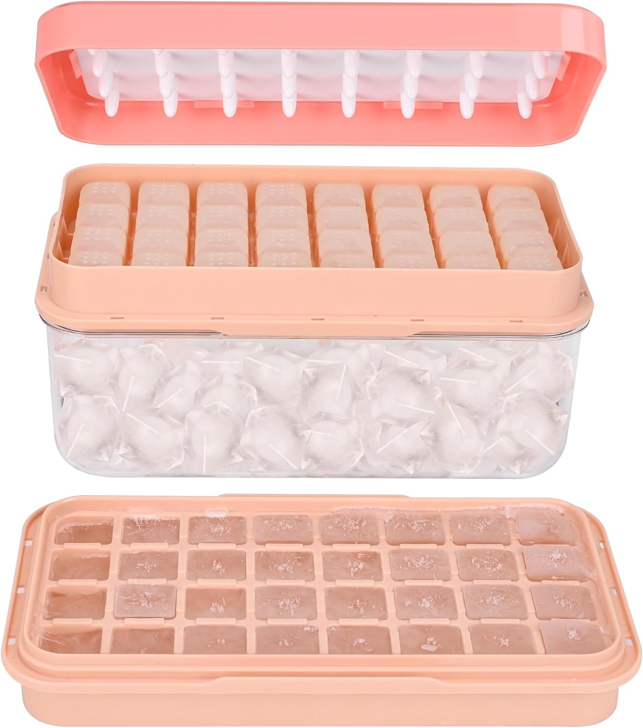 Ice Cube Tray with Lid and Bin, BPA Free Ice Maker for Freezer - 64 Grids Layerable Ice Cube Molds with Scoop & Container - Easy Release Ice Tray for Drinks, Cocktails, Whiskey, Mini Ice Cube Maker Pink
