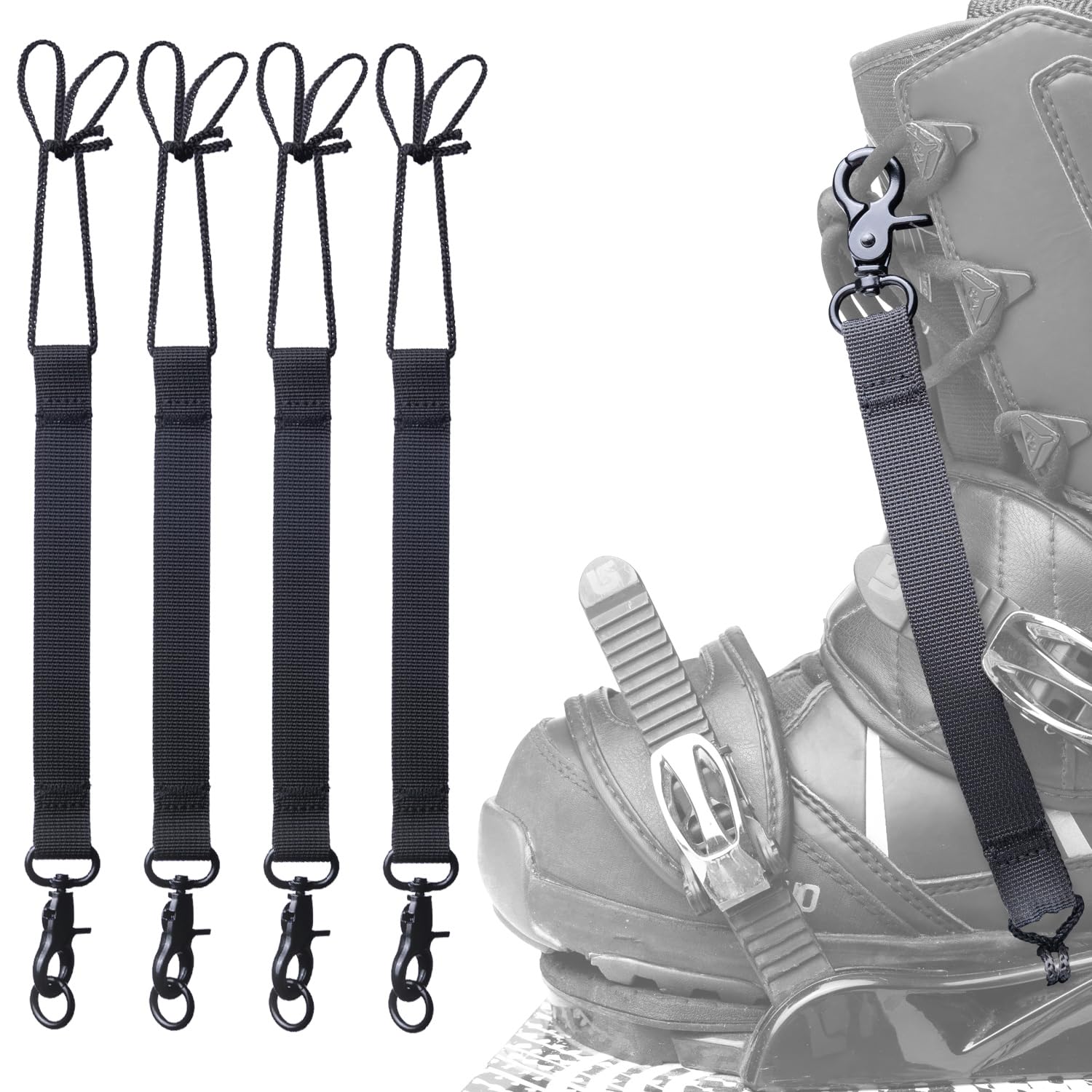 Snowboard Leash, Short Binding Straps with Metal Clip & Key Ring, 4 Pack