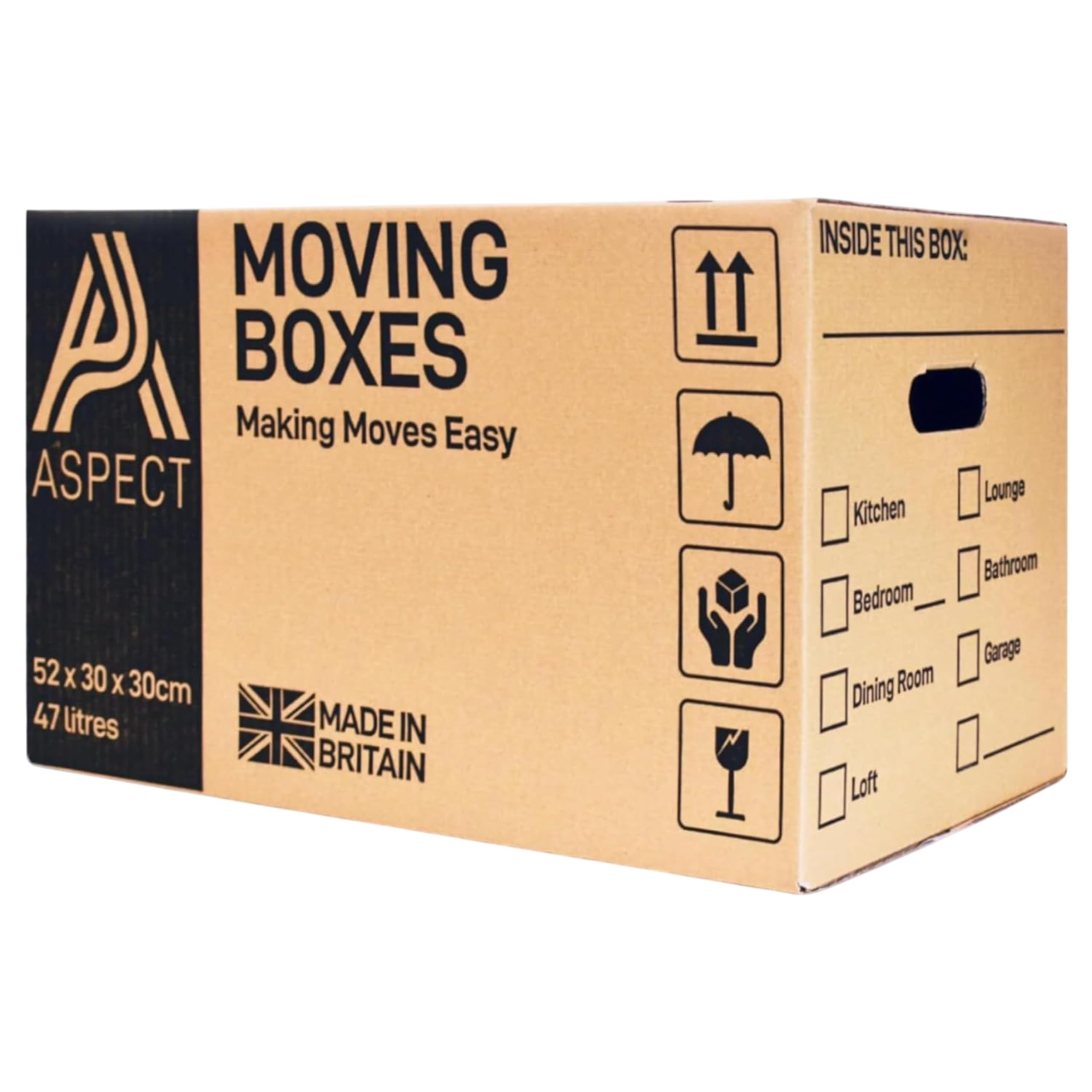 Aspect Strong Large Cardboard Storage Packing Moving House Boxes with Carry Handles and Room List (20 Pack)