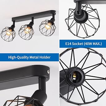ANWIO Spot Light Fittings Ceilings,Kitchen Lights Ceiling with E14 Base Metal Wire Cage,Adjustable Black 3 Way Spotlights Ceiling Light,Ceiling Lights for Living Room [Energy Class A]