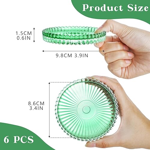 Miniatura 5 de Paquete de 6 portavelas de cristal, placa de vela redonda de cristal verde de 4 pulgadas, placa de vela decorativa de cristal, almohadilla de vela