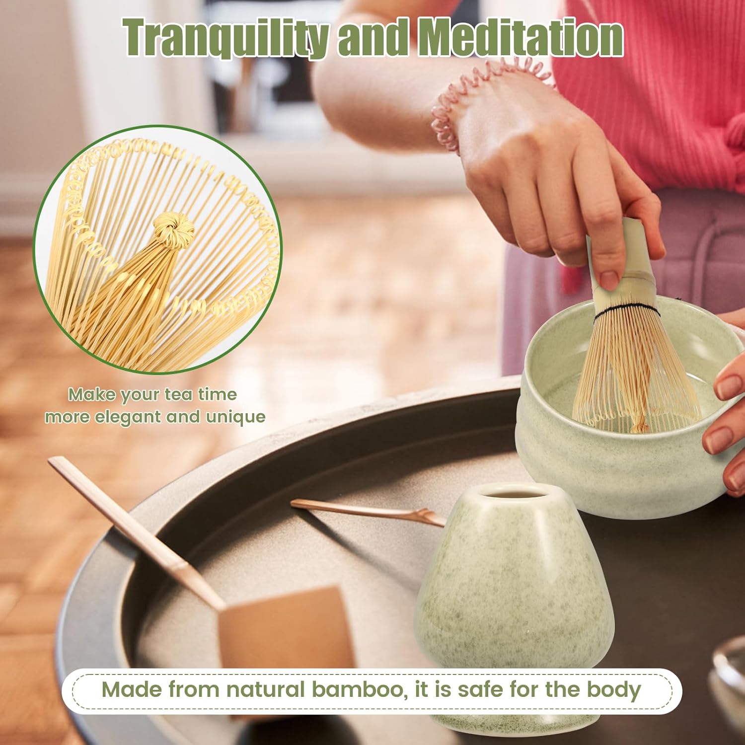 7Pcs Matcha Whisk Set with Matcha Whisk, Matcha Whisk Storage Holder, Matcha Powder Sifter, Ceramic Bowl, Tea Spoon, Green, 550ML