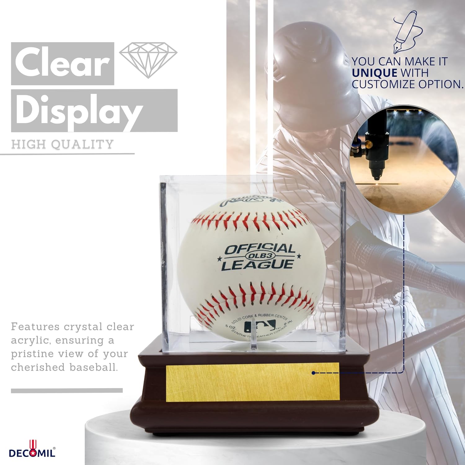 DECOMIL - UV Single Baseball Display Case, Holder - UV Protection Acrylic Cube with Wooden Stand Cherry Finish Customize, Upgraded, Name Plate