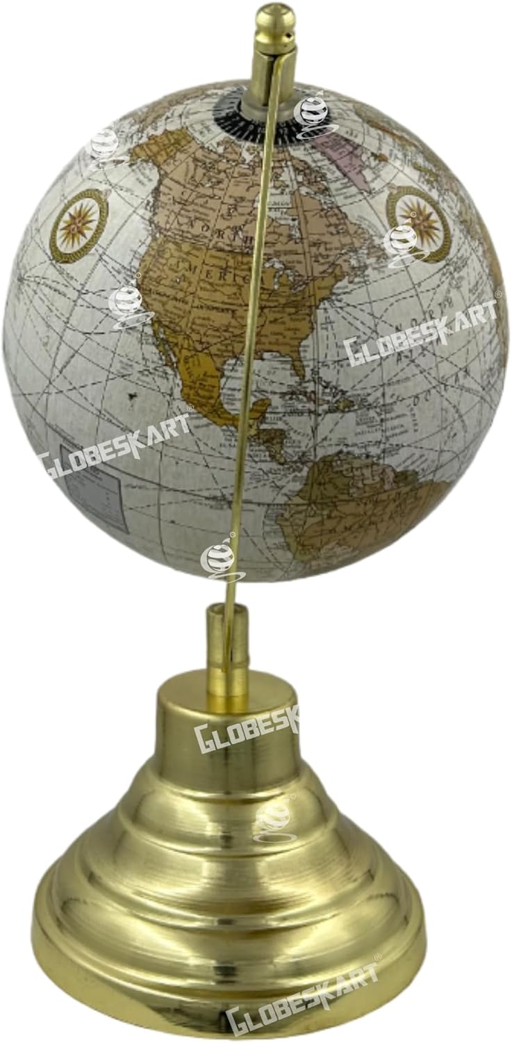 Samyuktha Educational/Antique Globe with Brass Antique Arc and Base/World Globe/Home Decor/Office Decor/Gift Item / 8 inches (Ruff Off White)