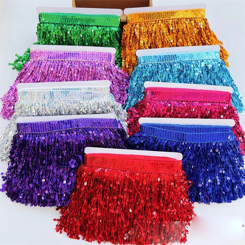 16cm x 10 Yard Fransenborte mit Pailletten Fransenband Paillettenborte zum Annähen Quastenbesatz Glitzer Quastenbesatz Borte Tirm Tanzfransen Nähzubehör Pailletten FransenRot