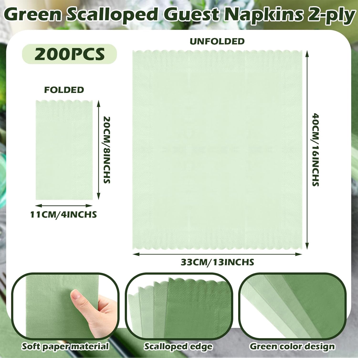 Cholemy 200 Pcs Scalloped Guest Napkin Pastel Colors Cocktail Disposable Hand Towels for Bathroom Guests Towel 2 Ply Paper Napkin for Baby Shower Bathroom Wedding Birthday Bridal (Sage Green)