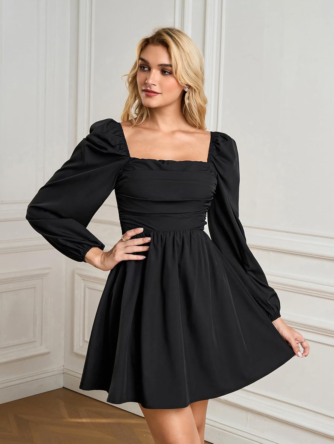 Women Long Sleeve Fall Mini Dress Casual Square Neck Wedding Guest A Line Short Dresses - Image 3
