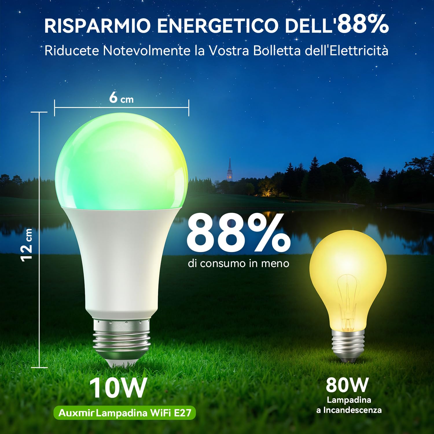 Auxmir Lampadina Alexa E27 Intelligente, Lampadine Smart LED Dimmerabile Multicolore RGB e 100+ Modalità, 10W 800 LM Compatibile con App, Alexa e Google Home, Controllo Remoto, 6 Pezzi