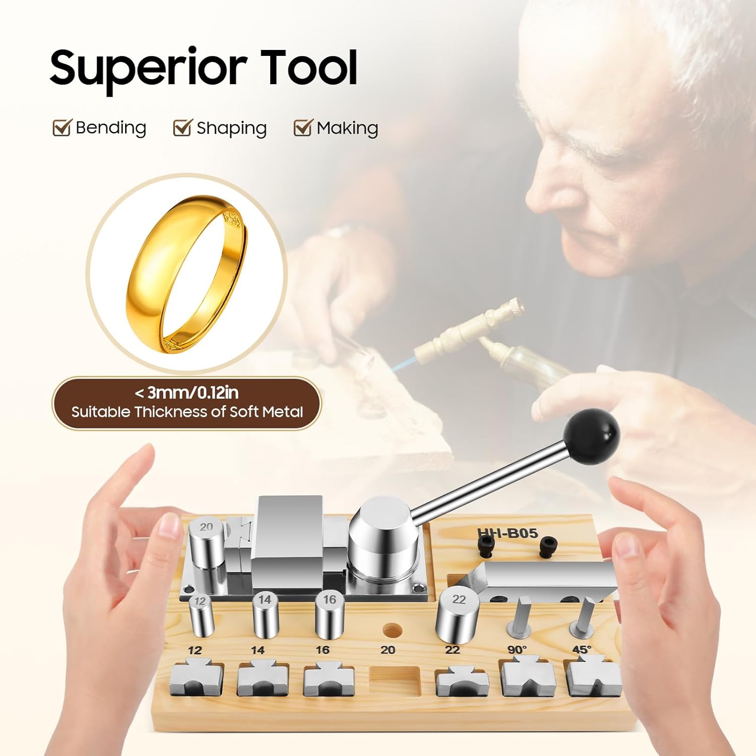 Synaiolma Multi-Functional Ring Bending Machine, Multiple Sizes Molds Ring Maker,Jewelry Making Bender Tool Kit for Soft Metals Less Than 3mm Thick,Wood Color.