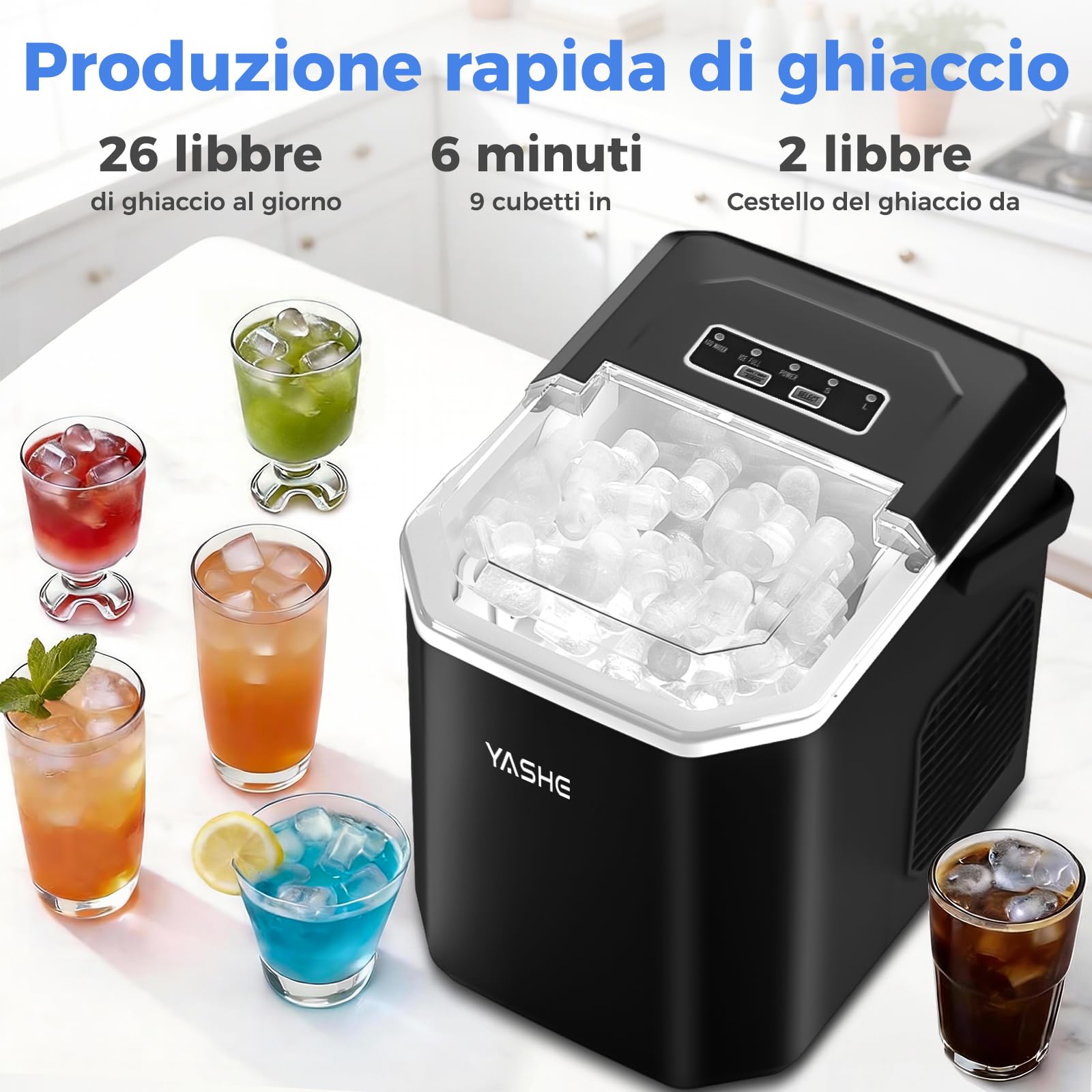YASHE Macchina per cubetti di ghiaccio per piano di lavoro, cubetti di ghiaccio sferici in 2 misure, 9 cubetti di ghiaccio in 6 minuti, 26 libbre di ghiaccio al giorno, autopulente portatile con