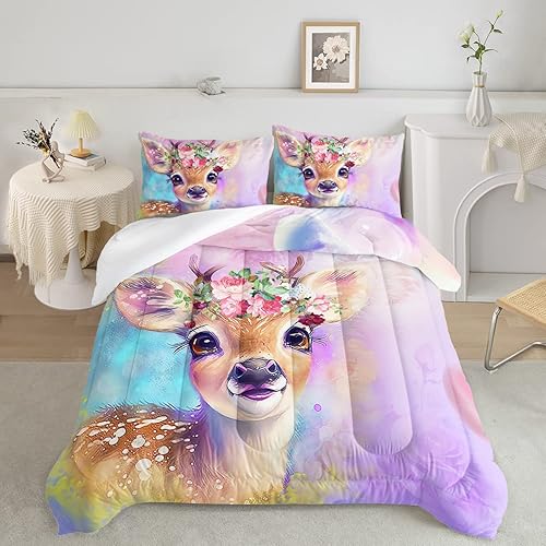 Miniatura 3 de CVHOUSE Juego de ropa de cama rosa lindo con diseño de ciervo para niñas, tamaño individual - Juego de edredón Kawaii de 3 piezas con funda de