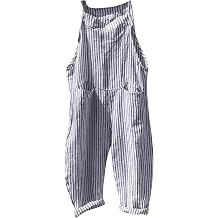 Linen Overalls for Women Casual Stripes Cargo Jumpsuit Wide Leg Bib Overall Fit Jumpsuits Wide Leg Rompers Pants