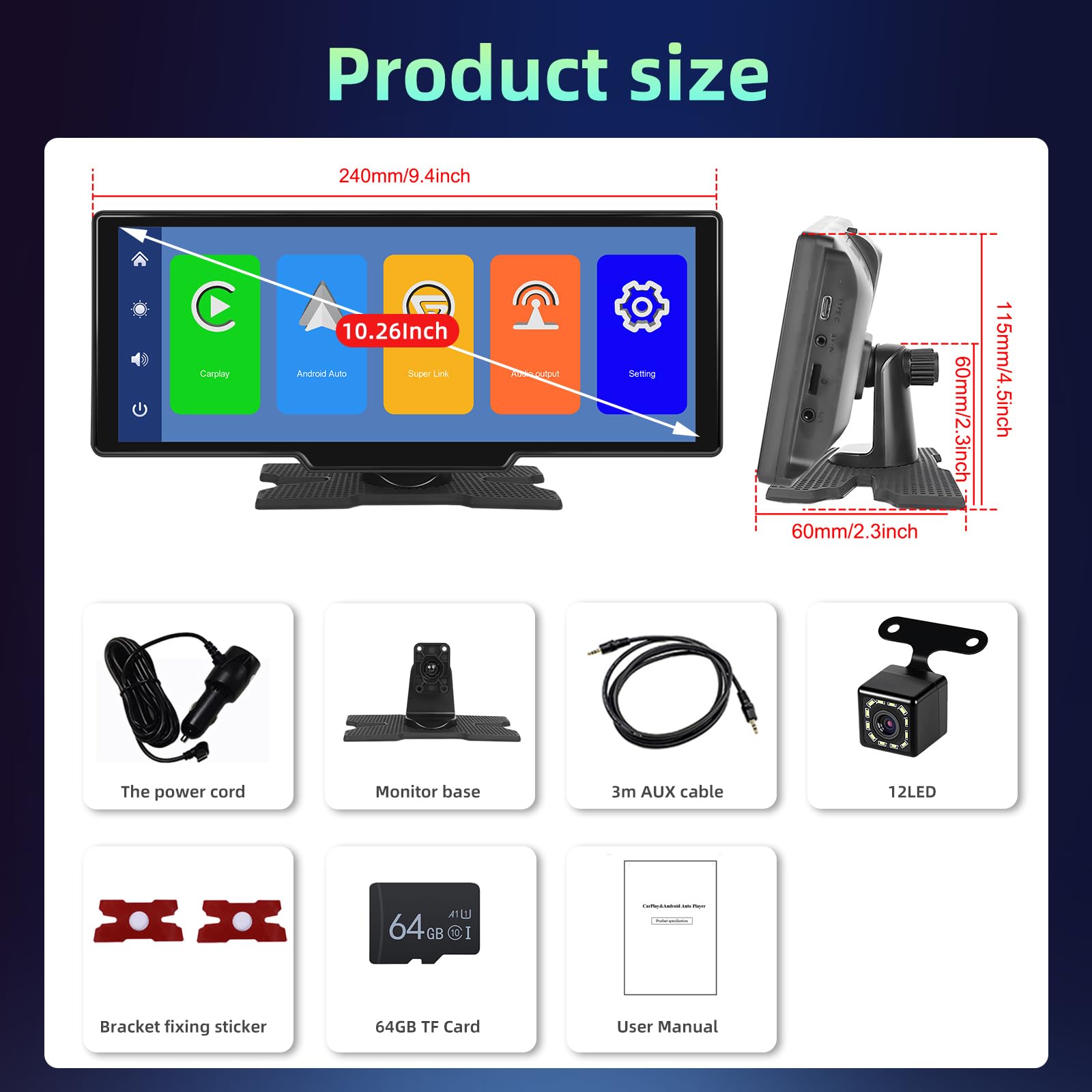 Écran CarPlay Voiture sans Fil Android Auto, Écran Tactile de 10,26 Pouces Voiture Stéréo, Autoradio Portable avec Navigation GPS Bluetooth Contrôle Vocal Mirror Link AUX/FM CarPlay Voiture
