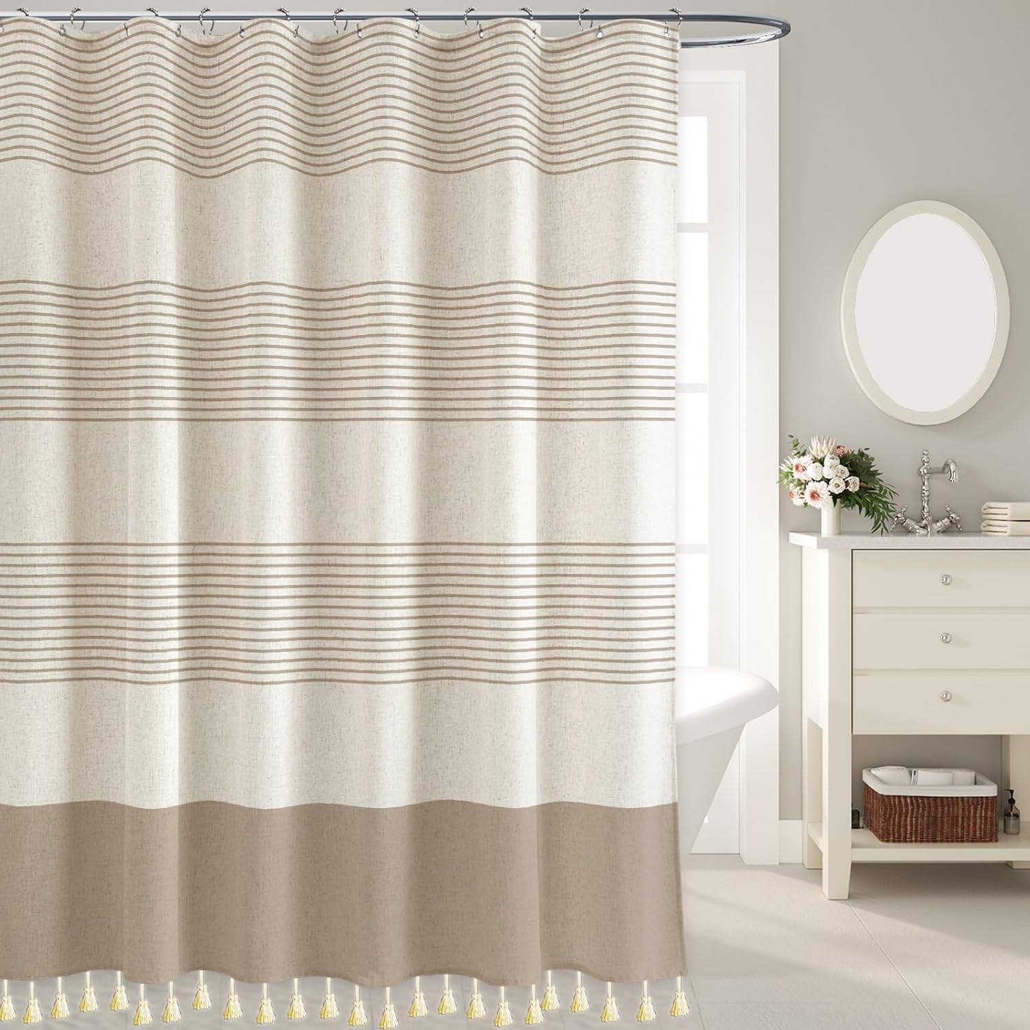 WOUVMA Boho Shower Curtains for Bathroom with Tan Tassels Farmhouse Striped Shower Curtain Beige Rustic Linen 72x72 Inches