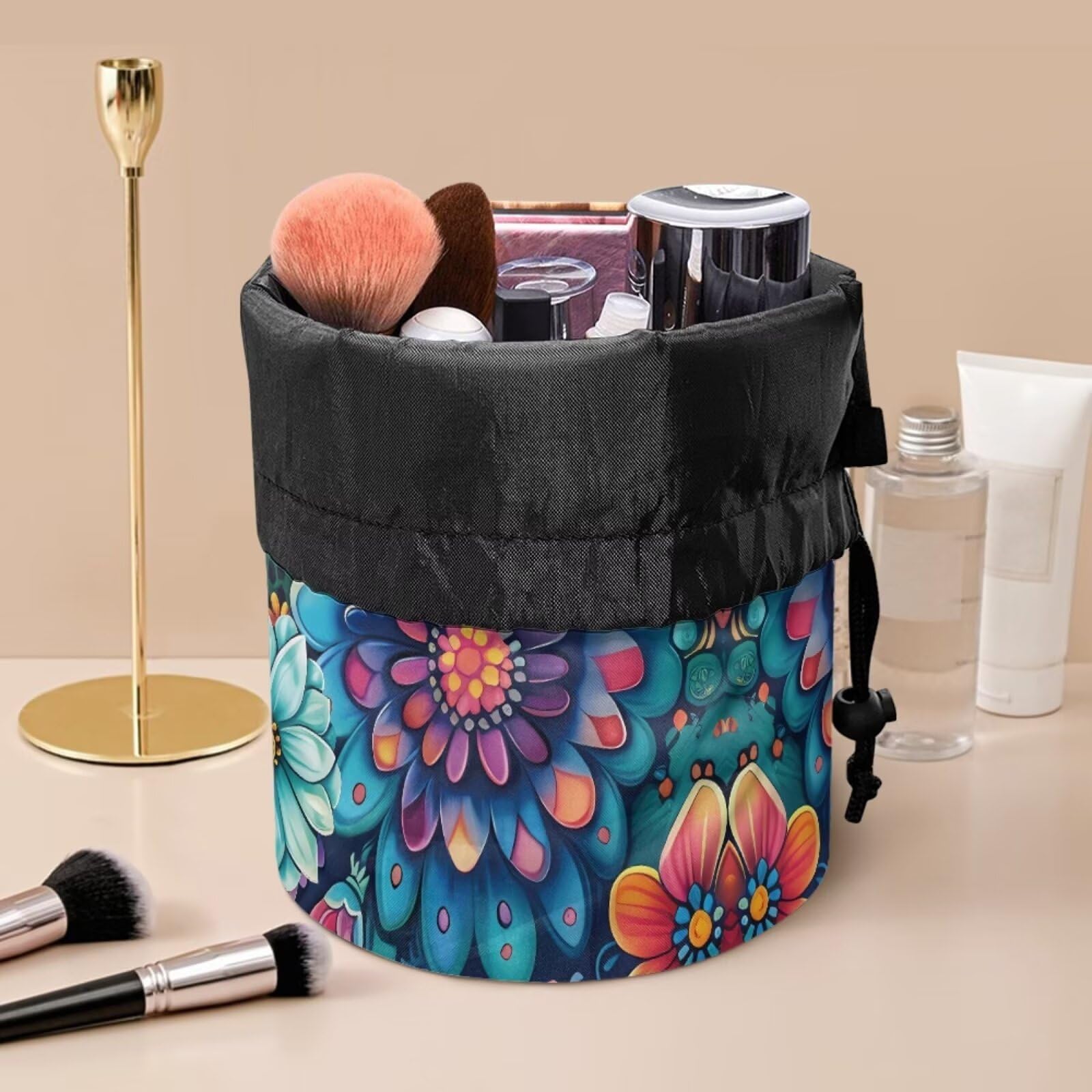 chaqlin Hippie Lotus Print Travel Cosmetic Bags Barrel Makeup Bag,Women Girls Portable Foldable Cases Multifunctional Toiletry Bucket Bags Round Organizer Storage Pocket - Image 3