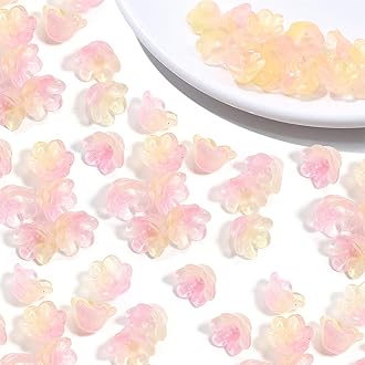 LadayPoa 100pcs Glass Bellflower Beads for Jewelry Making Trumpet Flower Beads Gradient Clear Cute Beads for Bracelets Making Aesthetic Bead Charms for DIY Necklace Decoration-Pink Yellow