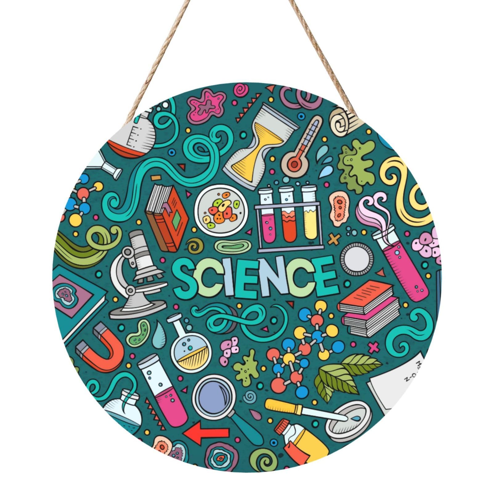 InOmak Cartoon Science Theme, Round Wood Panel Painting 12 in, Wall Hanging Painting For Home