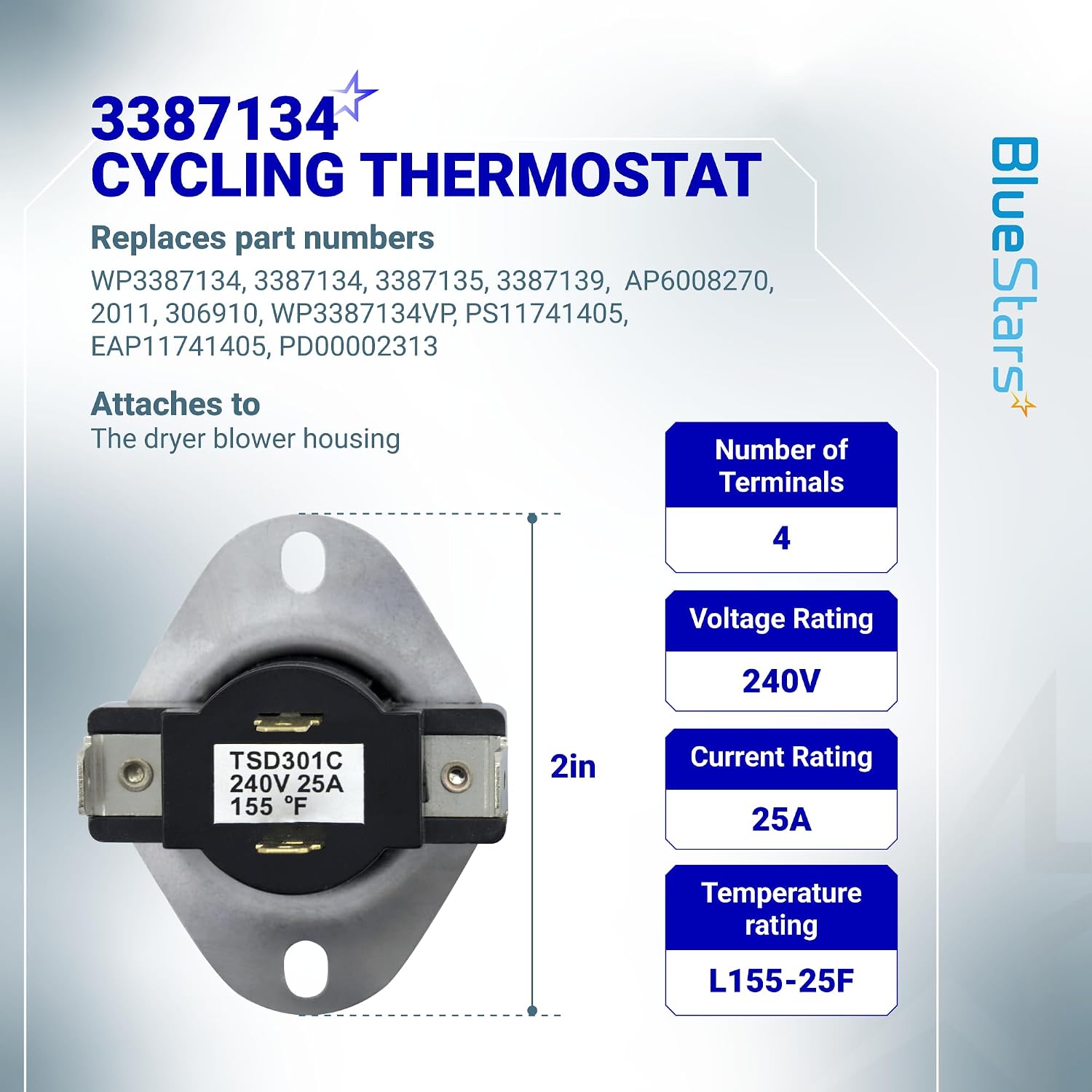 BlueStars WP3387134 3387134 Dryer Cycling Thermostat for Whirlpool Kenmore