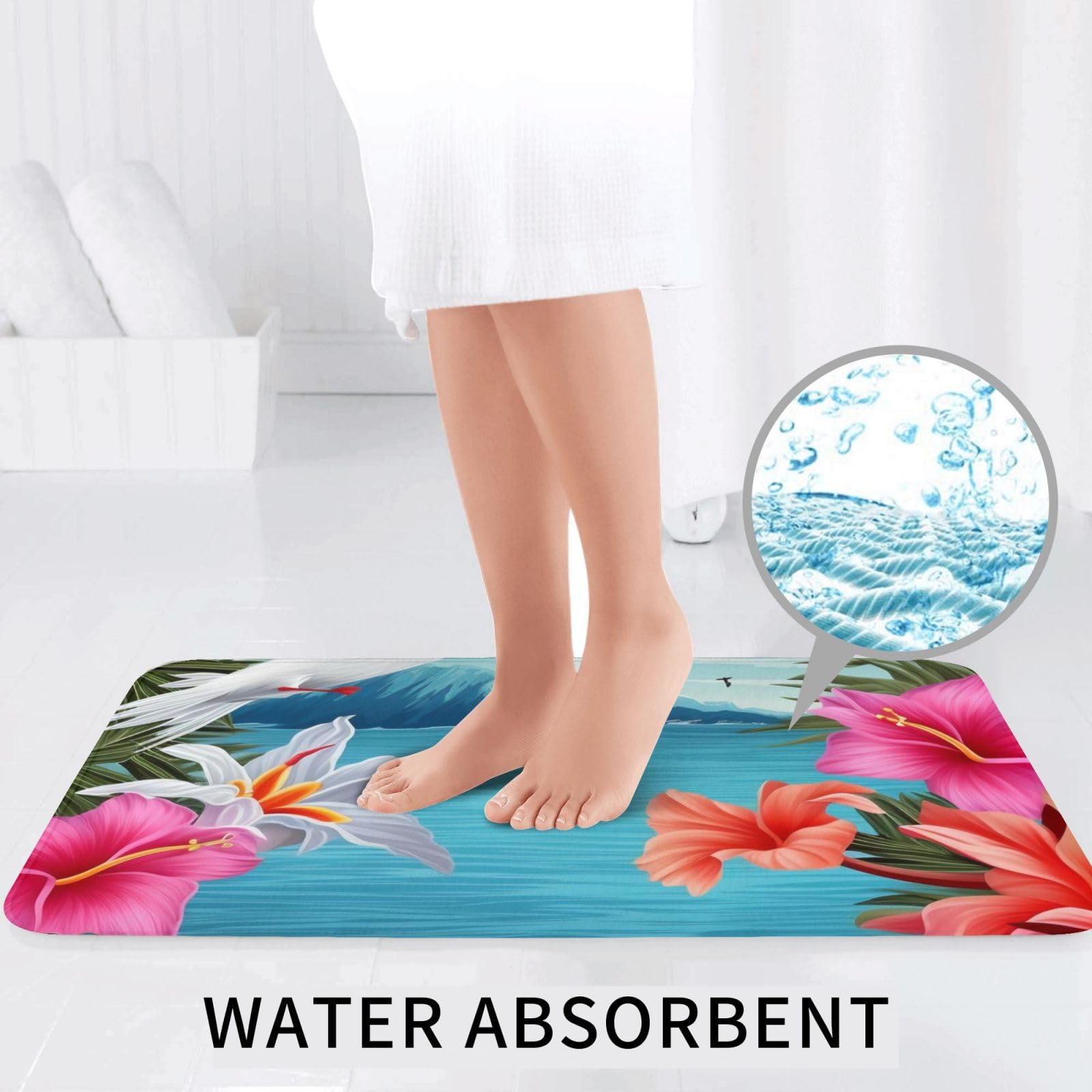 Lot de 3 tapis de bain en flanelle avec tapis de bain, tapis de contour et housse pour abattant WC, motif fleurs d'hibiscus, tapis de bain antidérapant et absorbant