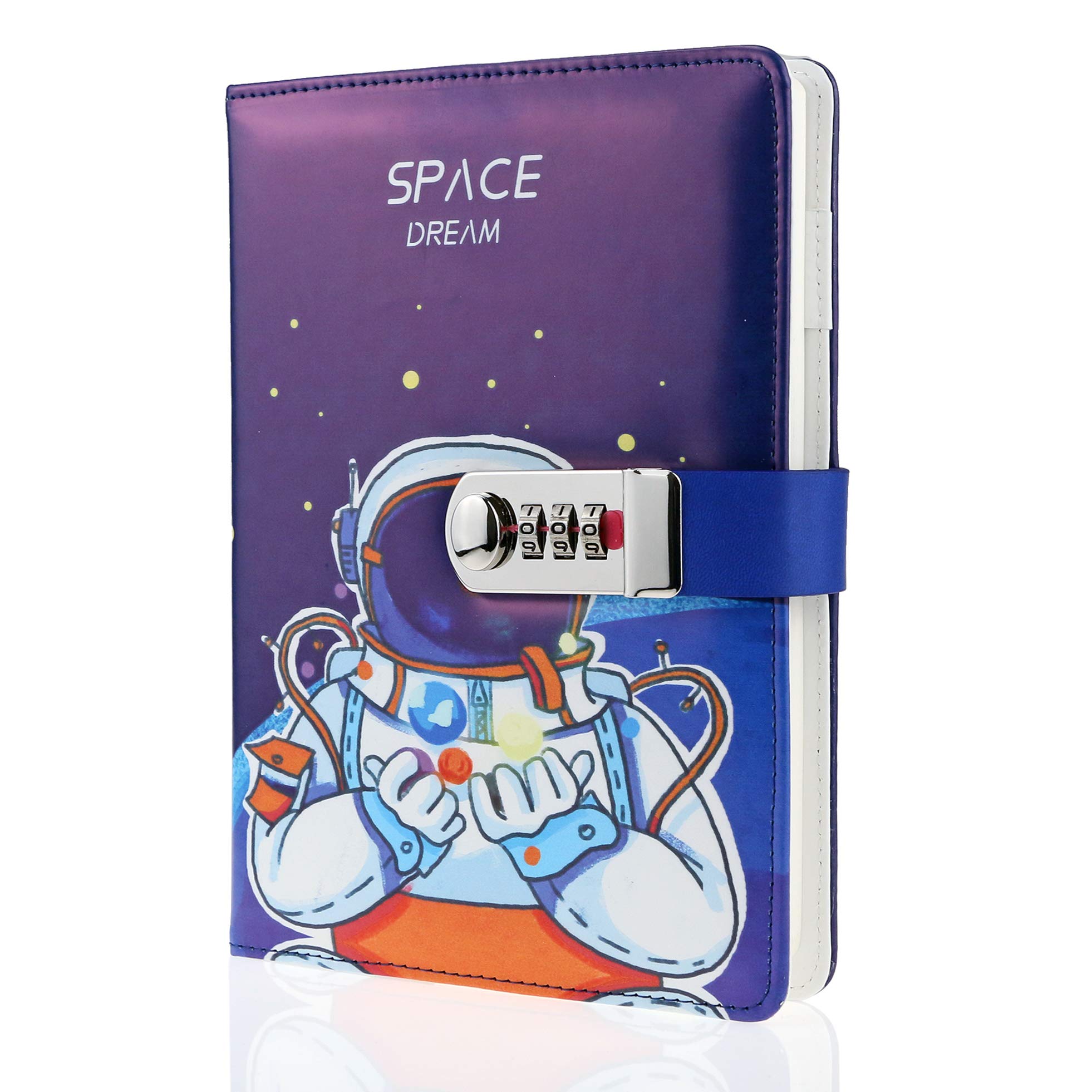 Mazeran Combination Lock Journal, PU Leather Hard Cover Space Astronaut Theme Notebook Cute Diary, A5 Lined Password Locking Personal Planner Secret