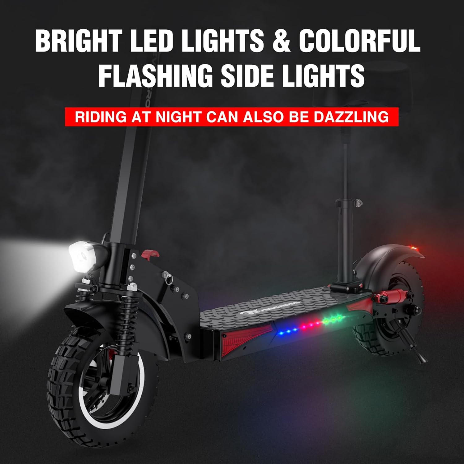 The EVERCROSS H5 electric scooter at night, showcasing its bright LED headlights and colorful flashing side lights.