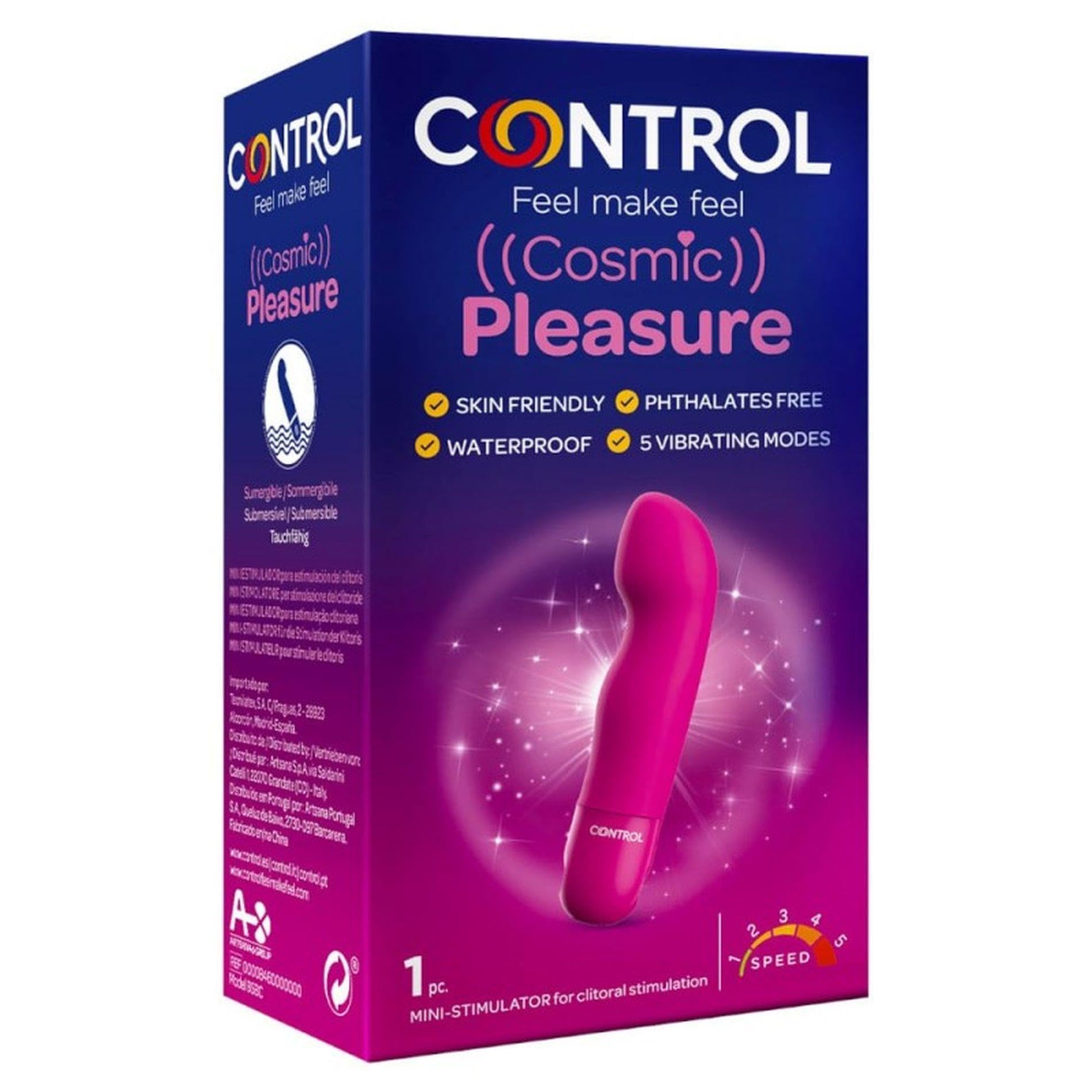 Control Cosmic Pleasure, Mini Stimolatore con Design a Curva, Silicone medico senza Ftalati e Skin Friendly, Impermeabile e sommergibile (IPX7)