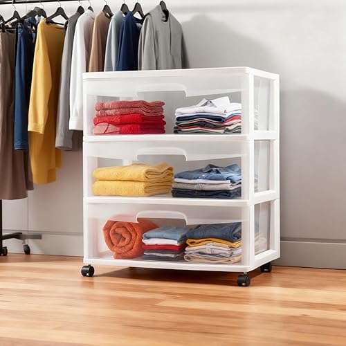 Miniatura 3 de Cajón de almacenamiento de plástico de 3 cajones anchos con ruedas y cajones transparentes, organizador de almacenamiento mediano para dormitorio