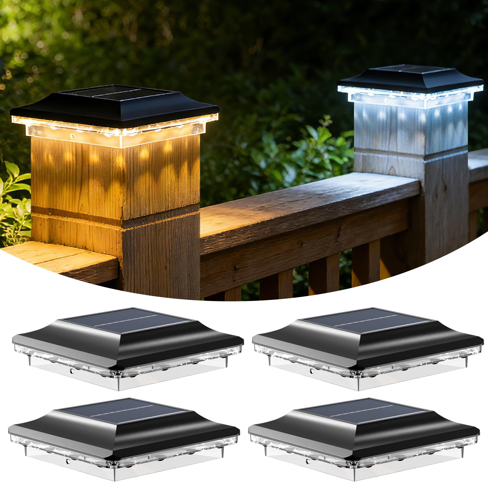 GEYUEYA Home Solar Post Lights with 3 Modes, Fence Post Light Cap for 5×5 4×4 3.5×3.5 inch,Waterproof Solar Fence Lights Outdoor for Patio Fence Deck Wooden Posts Courtyards(4 Pack)