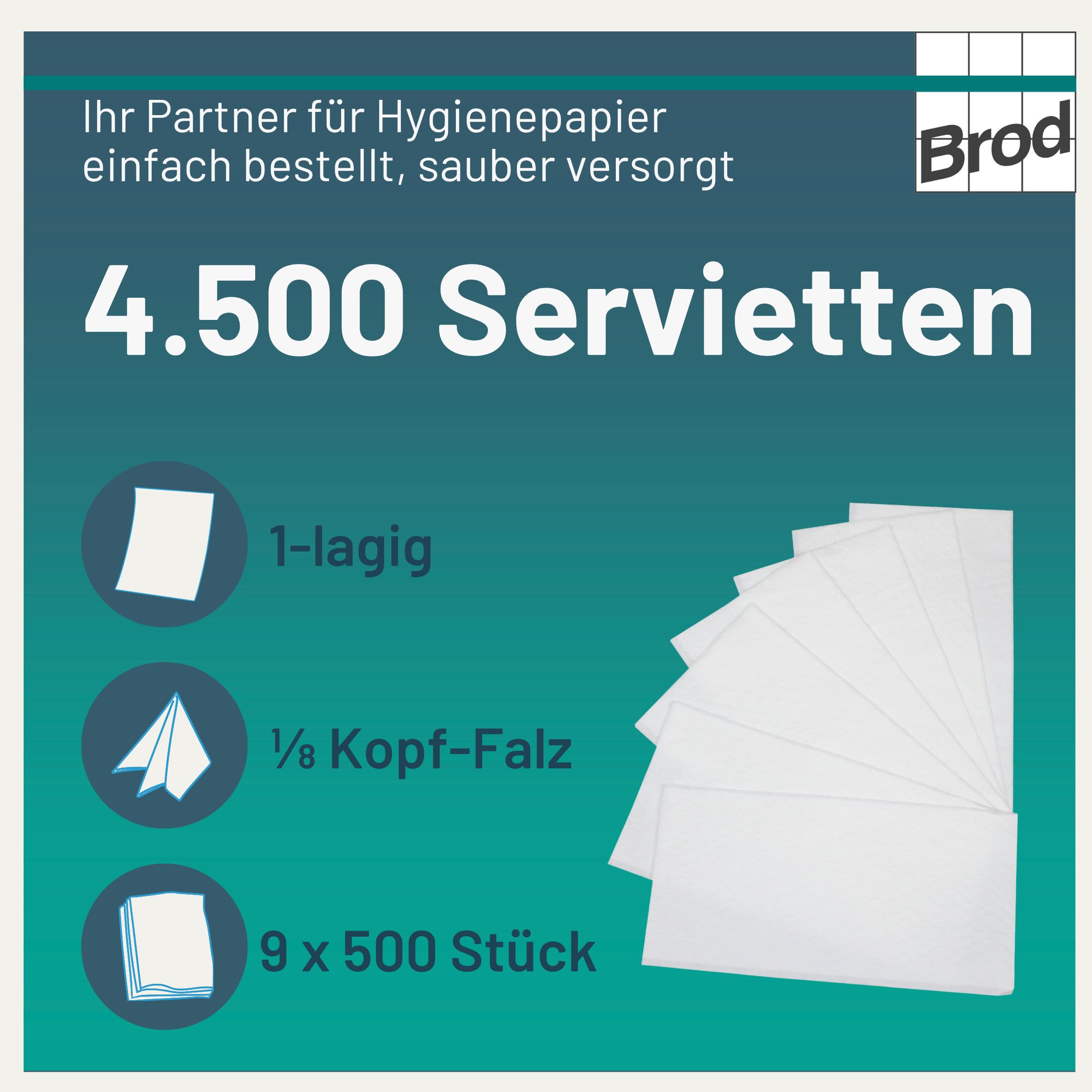 Brod® Servietten 4500 Stück, 1/8 Falz, 32 x 32,5 cm, 1-lagig, aus Zellstoff