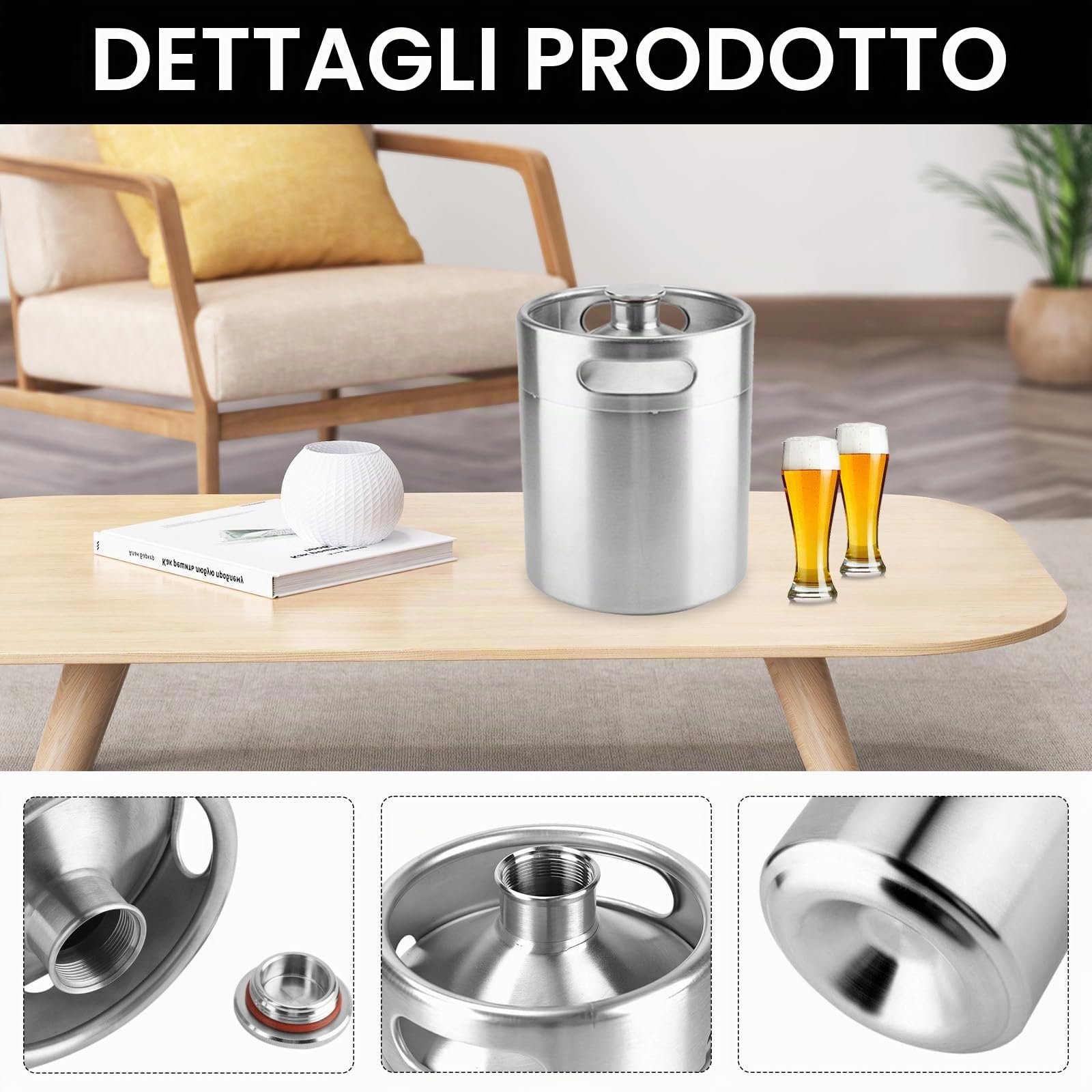 Fusto di Birra da 5 Litri, Fusto Mini Growler in Acciaio Inossidabile 304 Fusto di Birra Portatile con Coperchio A Spirale Esagonale Per La Produzione di Birra in Casa Artigianato E Birra Alla Spina