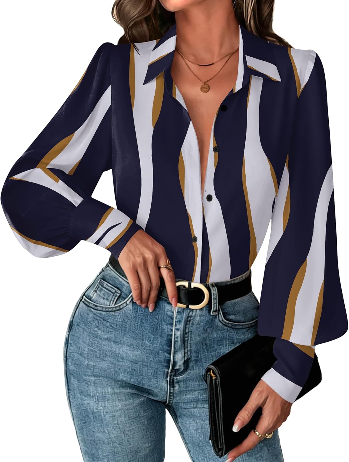 Zeagoo Women Button Down Shirts Lantern Long Sleeve Tops Business Casual Chiffon Blouses Trendy Work Clothes