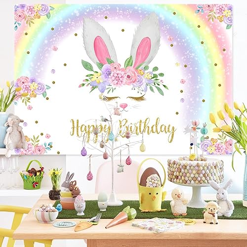 Miniatura 9 de MEHOFOND Decoración de fiesta de cumpleaños con purpurina de 8 x 6 pies, diseño floral, dorado, conejo, primavera, Pascua, fotografía, fondo, póster