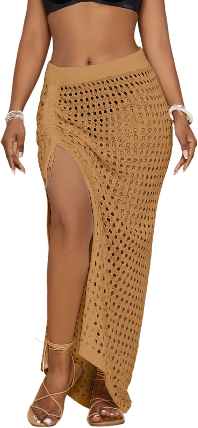Bsubseach Womens Crochet Cover Up Skirt 2025 Knit Drawstring Long Coverups for Swimwear Elastic Waist Beach Wrap