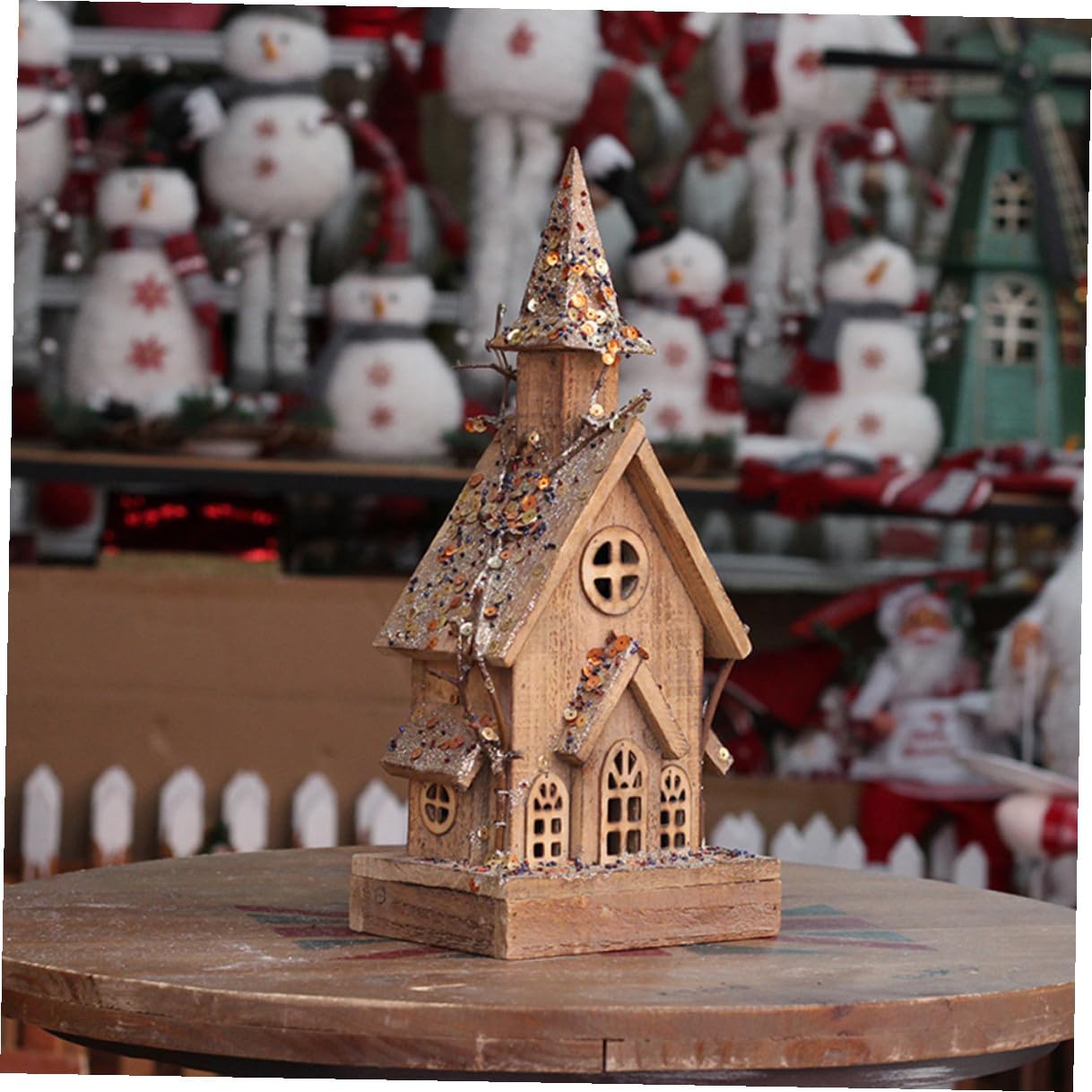 Wooden Christmas House Ornament Luminous Desktop Decor LED Lighted Xmas Home Craft Holiday Party Decoration