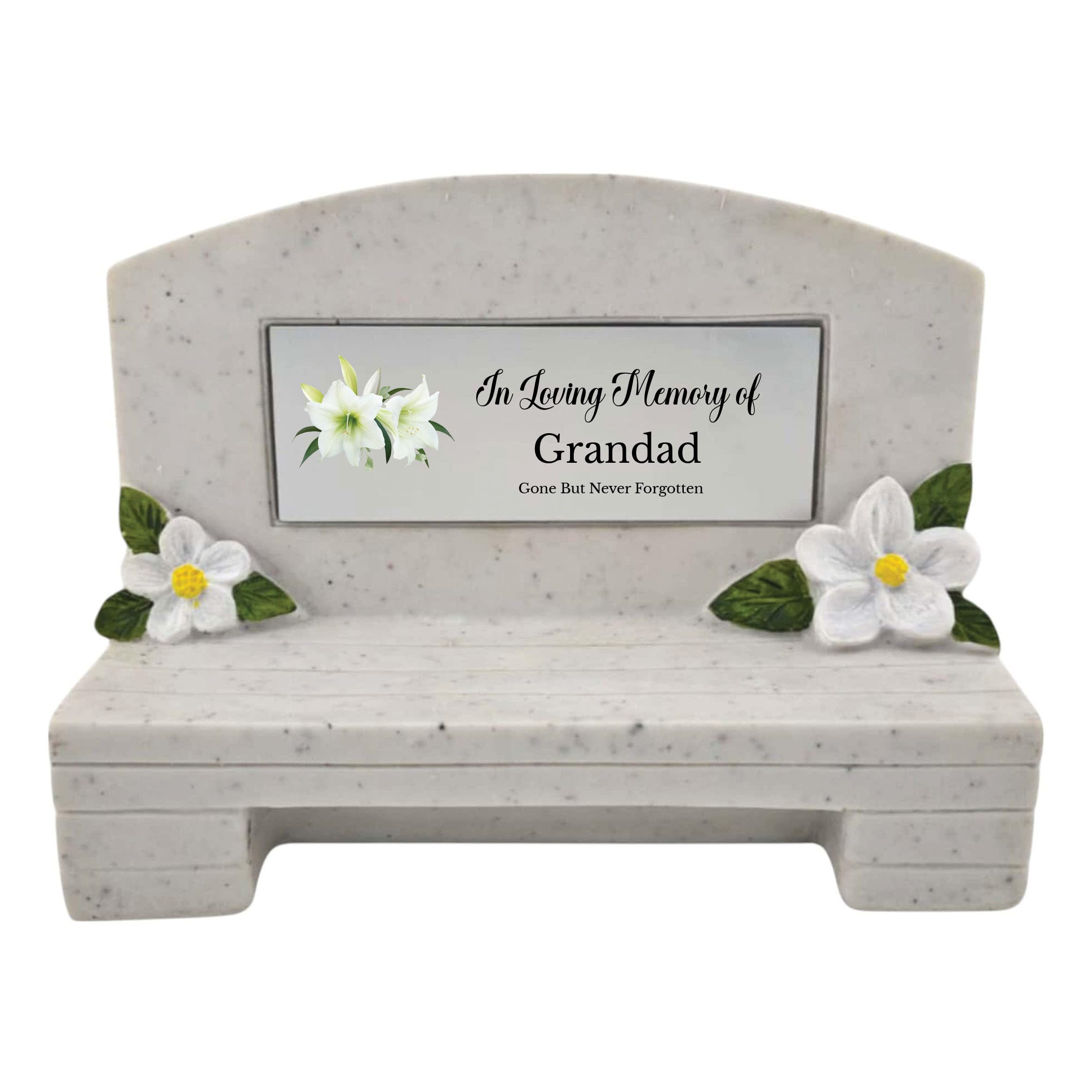 1Stclassgifts White In Loving Memory Of Memorial Bench With Plaque Grave Marker With Lily Flower Design Mum Dad & Lots More /Silver (Uv Printed) (Grandad)