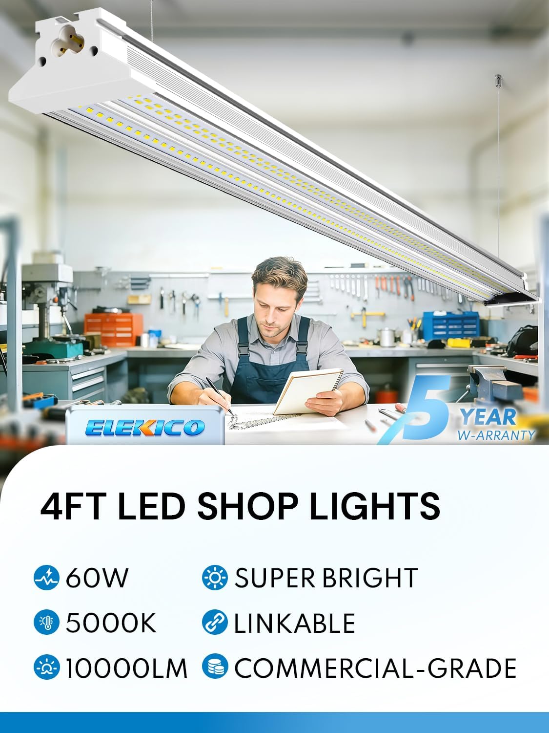 ELEKICO Upgrade Hanging | Surface Mount 4' Led Shop Lights for Workshop 4FT 10pack, Super Bright 10000LM 5000K 60W Linkable 4FT Led Shop Light for Workshop Garage Factory Warehouse Shop Workbench