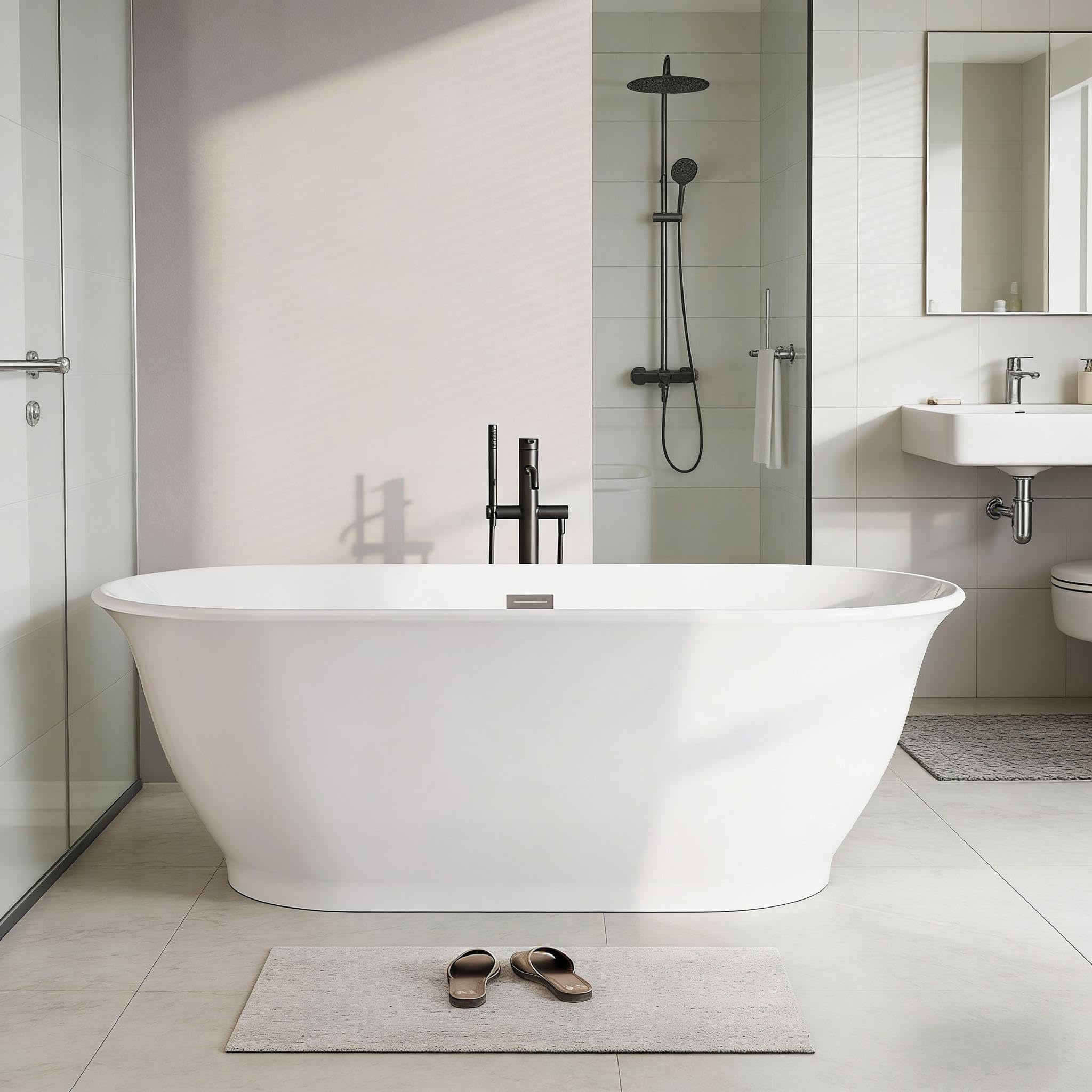 59'' Acrylic Freestanding Bathtub, Deep Soaking Tub, Comfort Rim