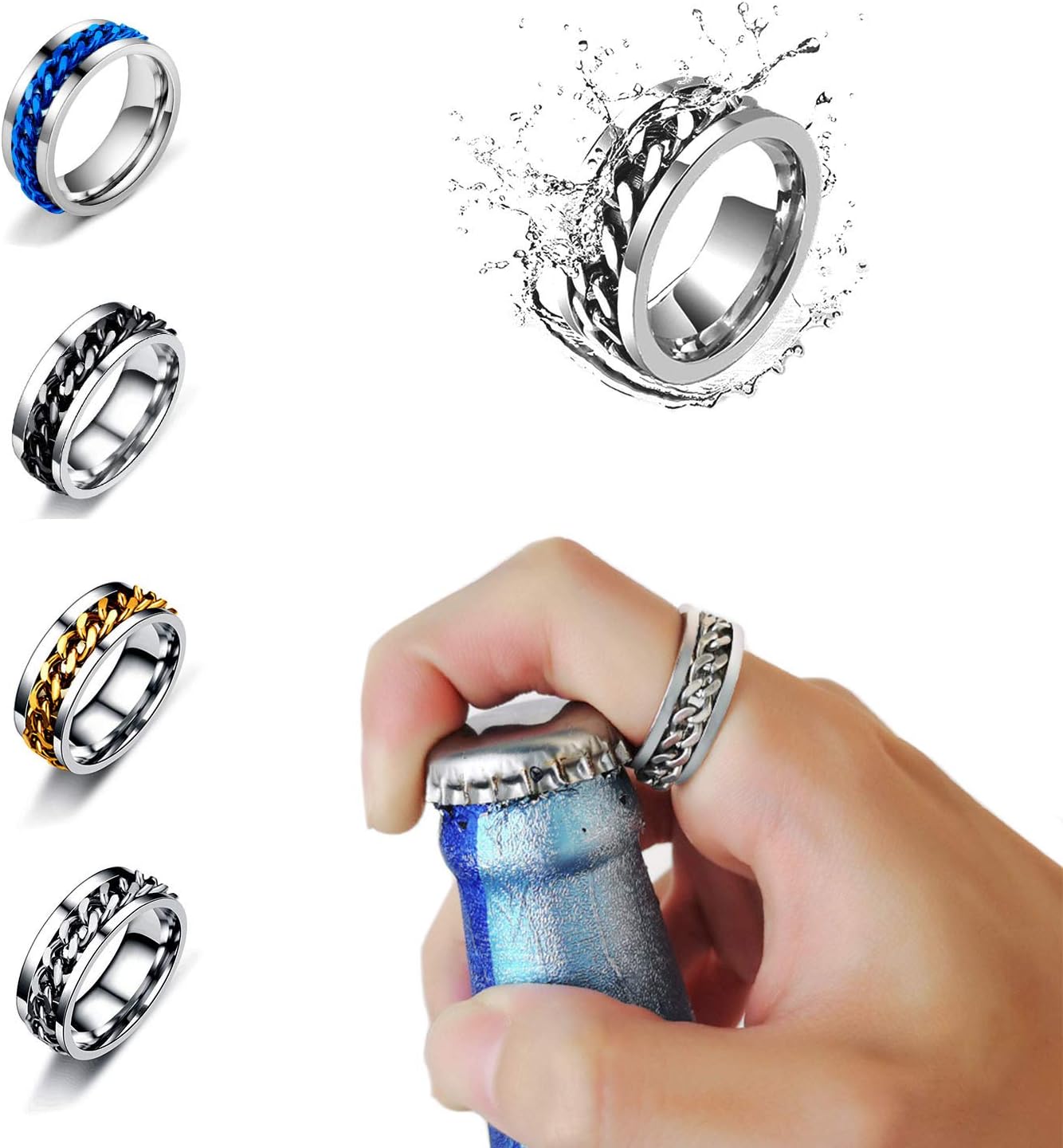 Spinner Ring for Men Women Silver Ring for Men Stainless Steel Ring Cool Titanium Fashion Ring Beer Bottle Opener Chain Rings - Image 2