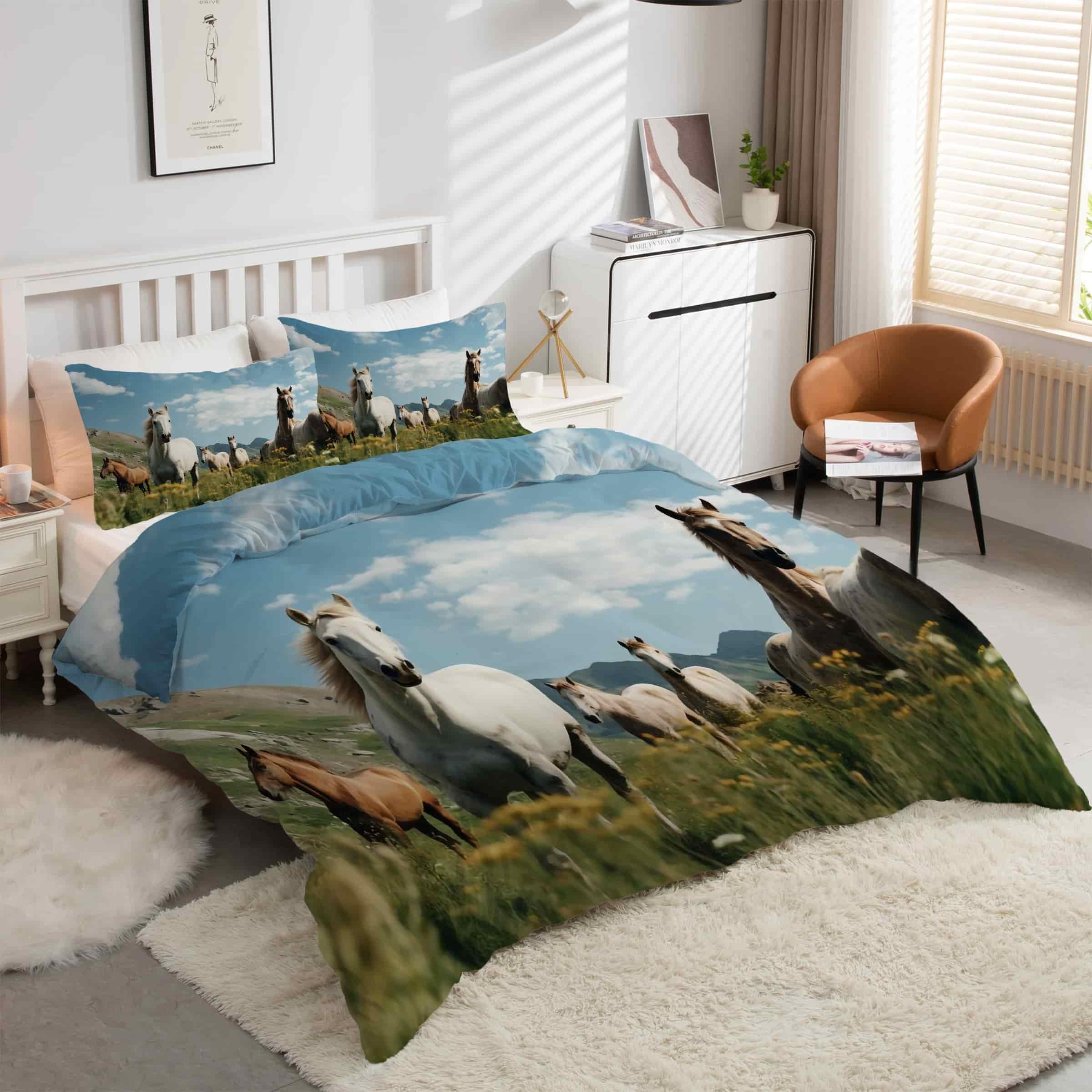 Housse de couette 160x200 cheval avec 2 taies d'oreiller en microfibre pour lit 2 personnes