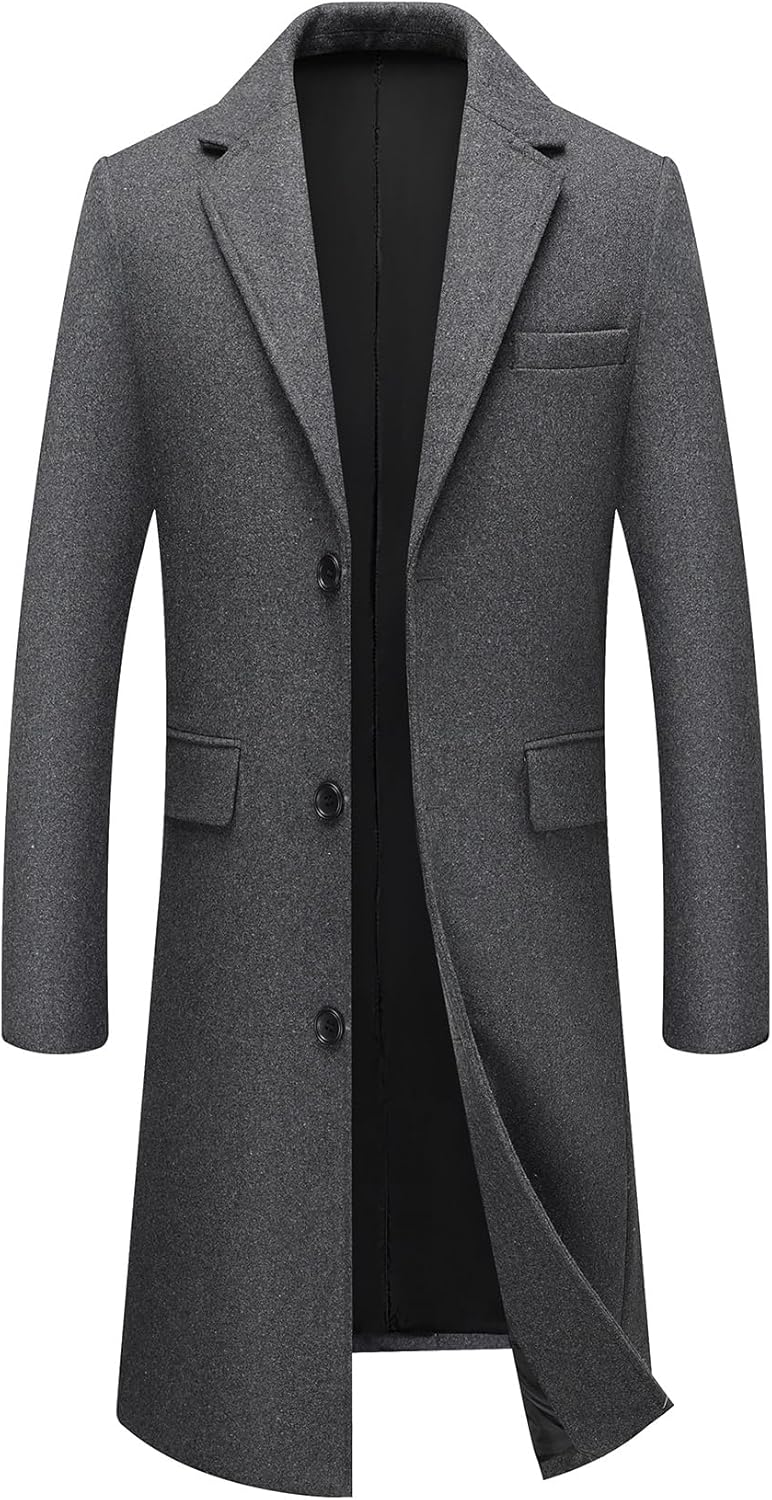INVACHI Men's Wool Blend Long Trench Coat Notched Collar Single Breasted Overcoat Warm Winter Pea Coat