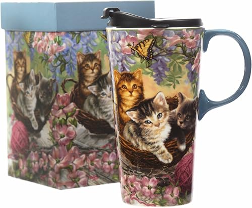 CEDAR HOME Travel Coffee Ceramic Mug Porcelain Latte Tea Cup With Lid 17oz. Flower and Cat