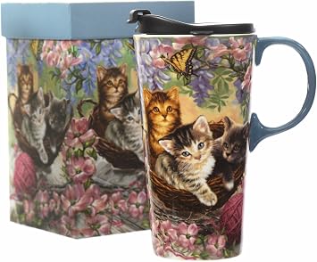 CEDAR HOME Travel Coffee Ceramic Mug Porcelain Latte Tea Cup With Lid 17oz. Flower and Cat
