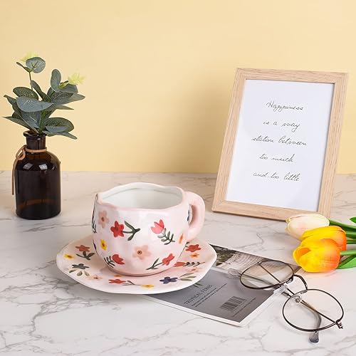 Miniatura 6 de Koythin Taza de café de cerámica bonita taza rosa para mujer con platillo para la oficina y el hogar apta para lavavajillas y microondas 10 onzas